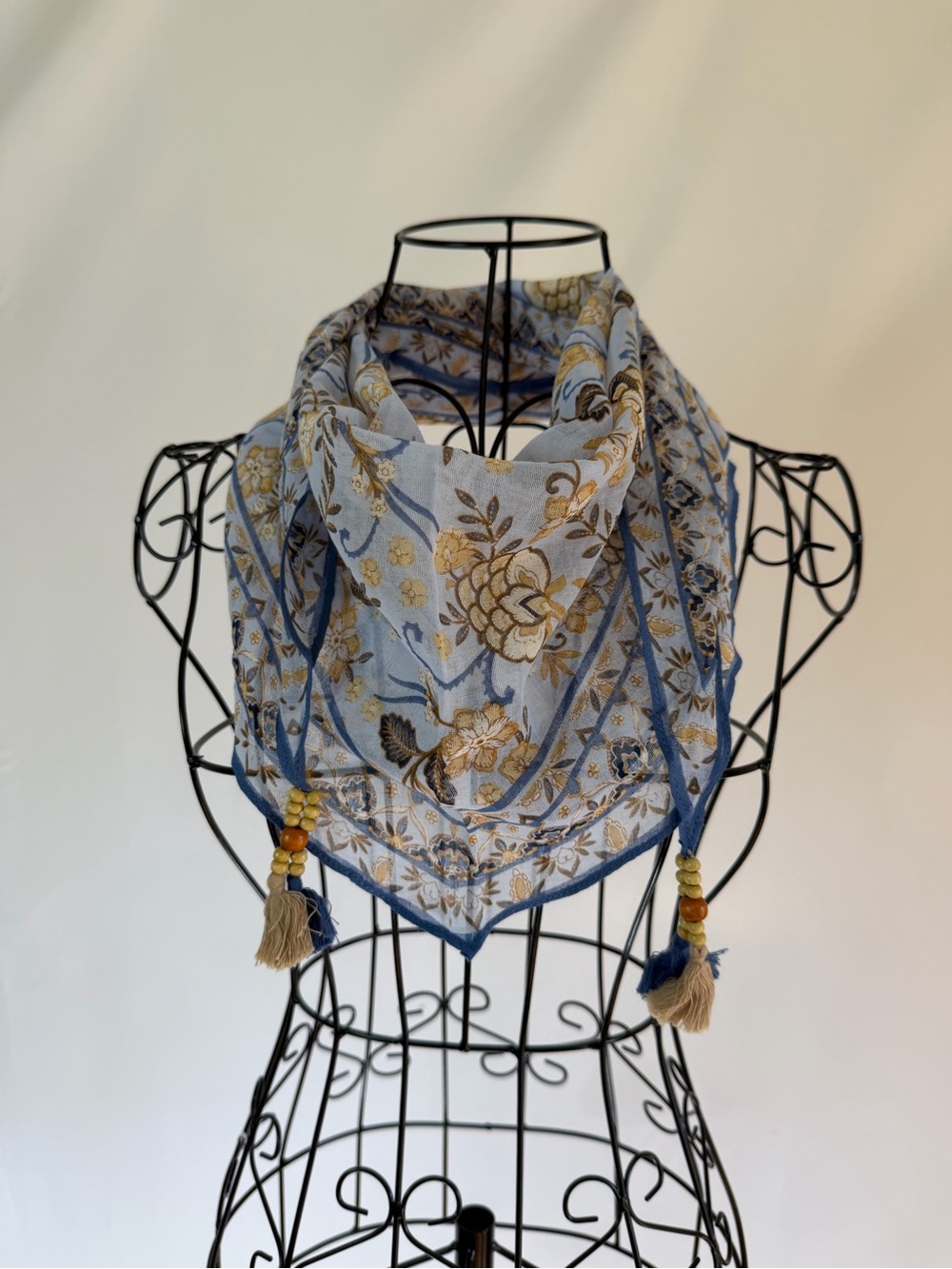 Blue Floral Tassel Scarf for Women